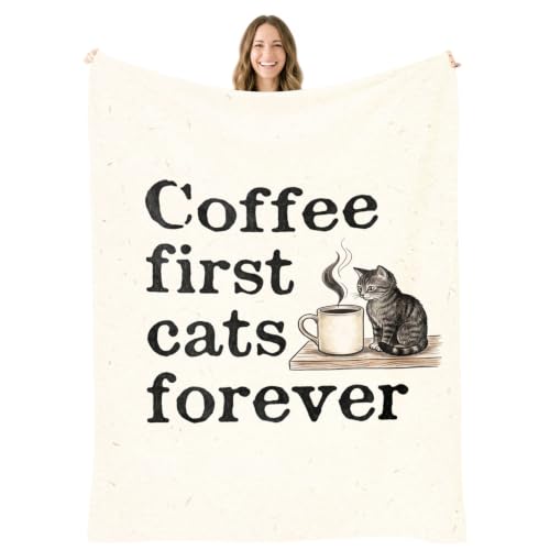 Cat and Coffee Throw Blanket – "Coffee First Cats Forever" Cat Lover Gifts - color: Tk010, size: 60"x50"
