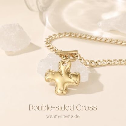 Chunky Gold Cross Pendant Necklace for Women, 14K Gold Plated Trendy