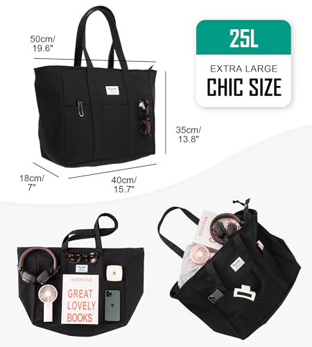 Bagelite Extra Large Canvas Tote Bag for Women Men, Utility Work Bags with Zipper - color: Black