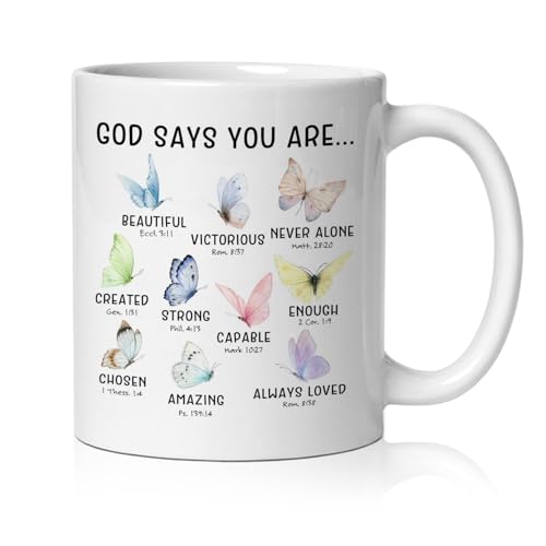 Christian Butterfly Mug, God Says You Are Bible Verse Coffee Cup Ceramic, Christian Gifts for Women, Inspirational Religious Ceramic Coffee Tea Mug 11 oz