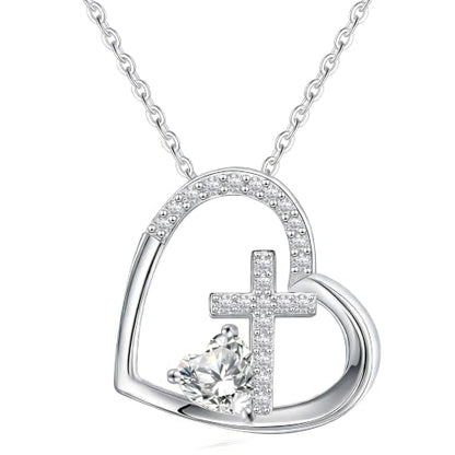 JSJOY Cross Necklace Christian Gifts for Women Heart Birthstone Necklace Religious Birthday Gifts for Mom Daughter Christmas Stocking Stuffers Baptism Confirmation Gifts for Teens - color: Silver - 04 Diamond