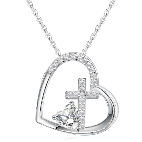 JSJOY Cross Necklace Christian Gifts for Women Heart Birthstone Necklace Religious Birthday Gifts for Mom Daughter Christmas Stocking Stuffers Baptism Confirmation Gifts for Teens - color: Silver - 04 Diamond