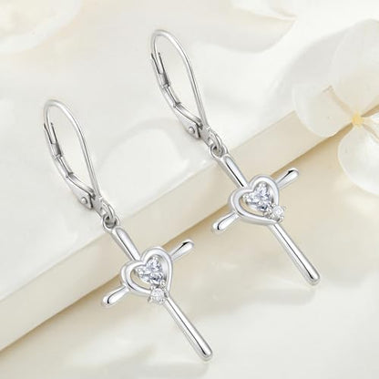 Cross Earrings 925 Sterling Silver Opal Crucifix Dangle Drop Earring Heart Birthstone Religious Jewelry for Women - color: 04-diamond-Apr