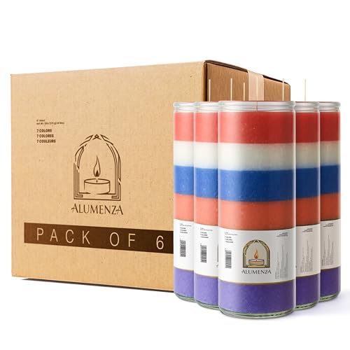 6pk Rainbow Multicolor 90hr | 7-Day Prayer Candles - Glass Jar Veladoras, Unscented Paraffin Wax | Seven Powers, All-Purpose Novena - Catholic Hispanic Church Altar, Memorial Vigil, Potencias - color: 7 Color