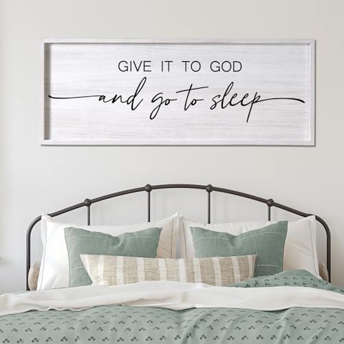 Give It to God and Go to Sleep Decorative Rustic Sign & Plaque Framed Wall Art for Couples, 40''×15'' Vintage Farmhouse Wooden Horizontal Wall Decor Above Bed, Cottagecore Wedding Gift for Bedroom - color: White Frame, style: Give It to God and Go to Slee