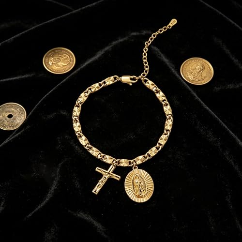 Catholic Rosary Bracelet with Our Lady of Graces Medal and Crucifix Charm, 18K Gold Plated