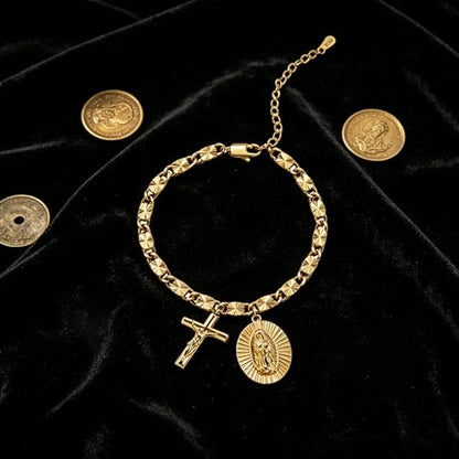 Catholic Rosary Bracelet with Our Lady of Graces Medal and Crucifix Charm, 18K Gold Plated