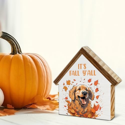 Fall Dog Decorations, Golden Dog Maple Leaves House Shaped Wood Block Sign - color: Its