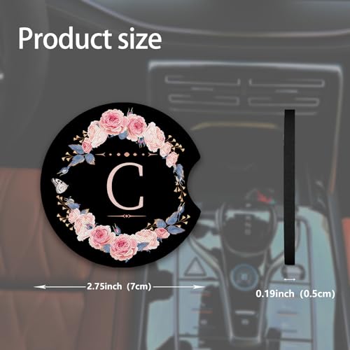 2pcs Letter C Car Coasters,Absorbent Universal neoprener Cup Holder Coasters with a Finger Notch,Car Accessories for Women&Man Interior，2.75" - color: C