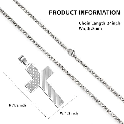 American Flag Cross Necklace for Men, Christian Confirmation Baptism Gifts - color: Silver, style: Lord's Prayer