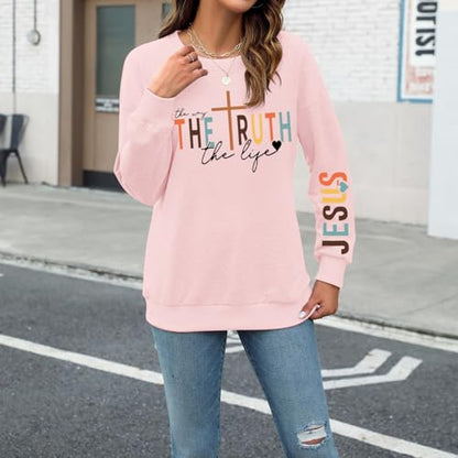 Tuislay Christian Sweatshirt Womens Jesus God Pullover Bible Verse Crewneck Sweatshirts Religious Cross Graphic Shirts - color: Pink, size: Small