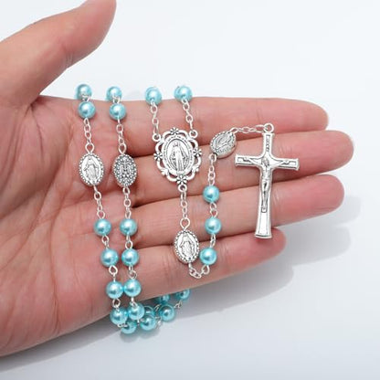 KOMI 6mm Glass Pearl Rosary Beads Catholic for Women with Metal Rosary Box Religious Gifts - style: Virgn Mary-blue
