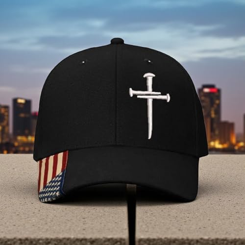 Christian Cross Baseball Cap, Religious Cross Design, Black Adjustable AM350 Flag Brim HAT Jesus Hat Choices Adjustable Hat and Free Decal.