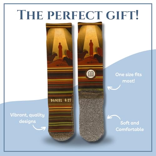 Bible Verse Socks for Men, Christian Scripture Crew Socks, Faith Gift - color: Daniel and the Lions Den