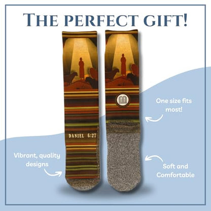 Bible Verse Socks for Men, Christian Scripture Crew Socks, Faith Gift - color: Daniel and the Lions Den