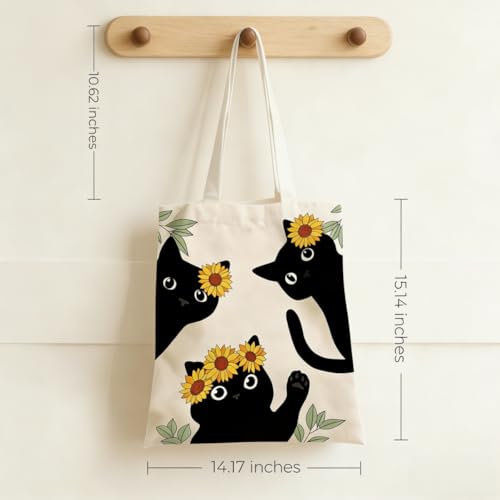 Canvas Tote Bags Reusable Shopping Bag for Women with Zippered Inner Pocket Magnetic Snap Closure - color: Black Cat 3
