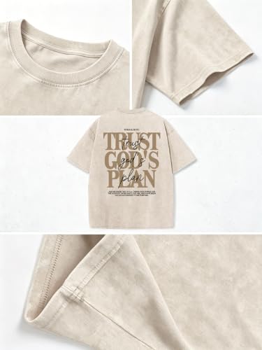 Eatbook Christian Shirts for Men Women Jesus Faith Oversized Acid Wash Tops - color: Apricot Trust God's Plan, size: Small