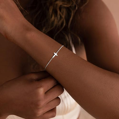Moodear Cross Bracelet for Women, Dainty Sterling Silver/Gold Plated Gift - color: Sterling Silver Cross Bracelet