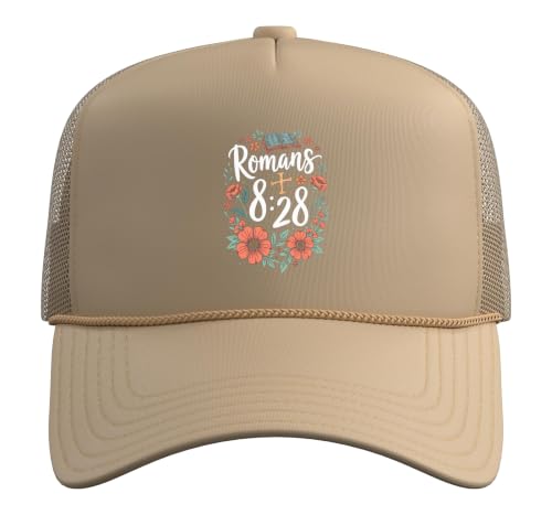 Romans 8:28 Bible Verse Flowers Cross Christian Women Trucker Hat with Adjustable Mesh Back - color: Khaki