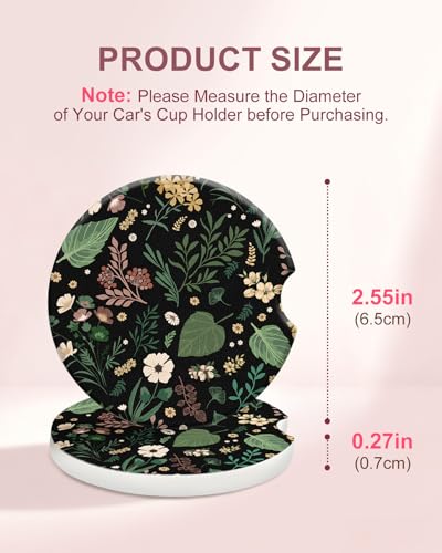 Swooflia Floral Absorbent Ceramic Car Coasters Set of 2, Cute Botanical Wildflower Cup Holder Coasters for Car, Black Green Flower Car Accessories for Women, Unique Gifts for Mom, Friends, Teachers - color: Flower and Leaf