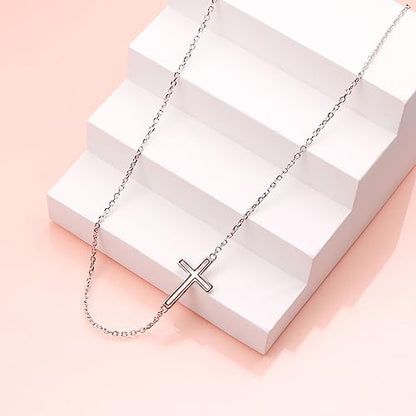 DAOCHONG S925 Sterling Silver Sideways Cross Choker Necklace 14+4 Inch - color: Silver-Oyster Shell