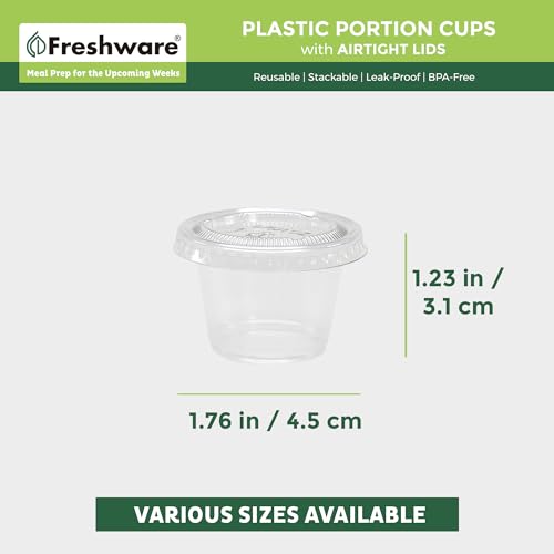 Freshware Plastic Portion Cups with Lids [1 Ounce, 100 Sets] Disposable Plastic Cups for Meal Prep, Salad Dressing, Jellos Shot Cups, Souffle Cups, Condiment and Dipping Sauce Cups - size: 1 oz - 100 sets
