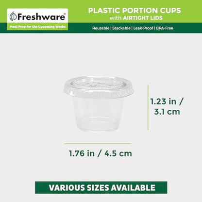 Freshware Plastic Portion Cups with Lids [1 Ounce, 100 Sets] Disposable Plastic Cups for Meal Prep, Salad Dressing, Jellos Shot Cups, Souffle Cups, Condiment and Dipping Sauce Cups - size: 1 oz - 100 sets