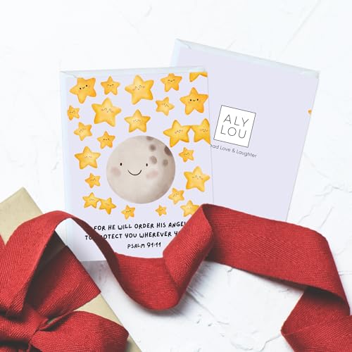 Religious Card Baptism, Christian Bible Quote, Christening, First Communion, Confirmation, or Wedding Card | Cute Prayer & Inspirational Card, Blank Inside, Thoughtful Gift by Aly Lou (For He Will Order His Angels To Protect You ... Psalm 91:11) - color:
