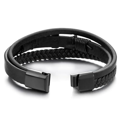 COOLSTEELANDBEYOND Mens Women Steel Horizontal Sideway Lateral Flat Cross Multi-Strand Leather Bangle Bracelet - color: D-Color: Black