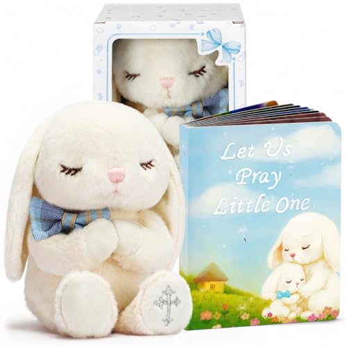 Baptism Gifts for Boys, Christening Gifts for Boys and Baby Dedication Gift Set for Newborn Baby, Includes 7-Inch Praying Bunny Stuffed Animal, Let Us Pray Baby Book and Keepsake Gift Box - color: Blue