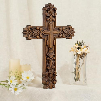 Handcrafted Wooden Wall Cross with Ornate Lily Flower Carved Design - size: 10"L x 7"W