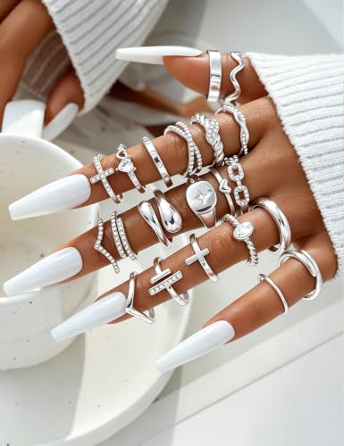 Gold Stackable Rings Set for Women, Gold Plated Chunky Crystal Finger Rings - color: Silver CZ
