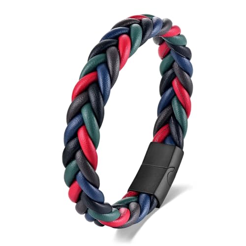 Handmade Braided Leather Bracelet, Black Stainless Steel Clasp, Mens, Cool Classic Stylish - color: Colorful