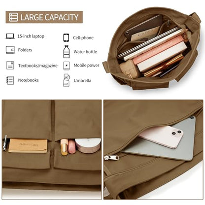 KALIDI Canvas Tote Bag Zipper Large Crossbody Shoulder Bag Messenger Bag - color: Upgraded Brown