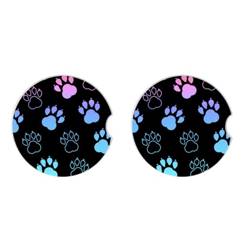 2 Pack Absorbent Car Coasters for Cup Holders,Ceramic Coasters with Cork Back and Finger Slot, Auto Accessories for Women & Men,2.56"(Gradient Black Dog paw Print) - color: Gradient Black Dog Paw Print