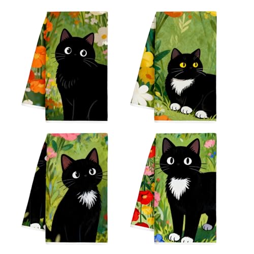 4pcs Cute Cat Kitchen Towels, 16x24 Inches Black Cat Flower Dish Towels - color: Colorful Cat Floral-02