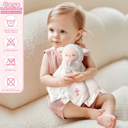 Lamb Baptism Blanket, Lamb Loveys Baptism Gifts for Baby Girls - color: White Lamb Pink Cross
