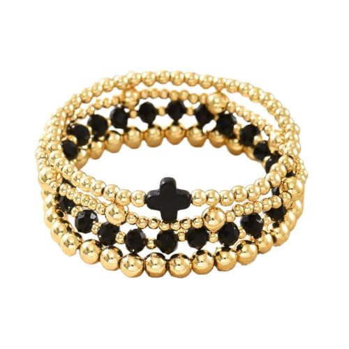 Colorful Cross Charm Bracelets for Women Men Adjustable Gold Plated Beaded Bracelet Boho Bead Ball Stretch Bracelet Birthday Summer Beach Jewelry - color: Black C