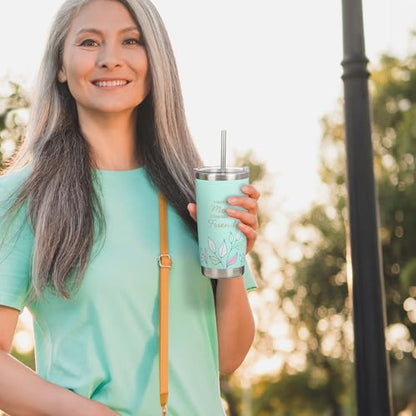 Christian Art Gifts Reusable Stainless Steel Tumbler Travel Mug & Straw - color: Mint Green/Mom