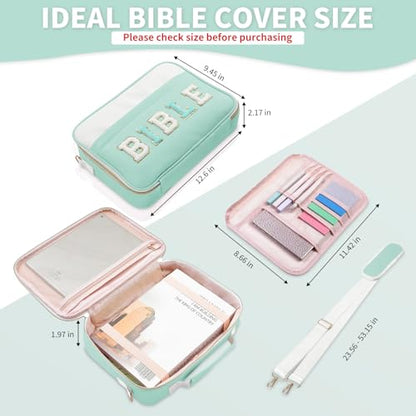 KOPKOFT Bible Cover Case for Women, Large Chenille Letter Leather Bible Case with Bible Study Accessories, Bible Study Supplies Bible Journaling Kit, Christmas Christian Gift for Women Girls (Green) - color: Green