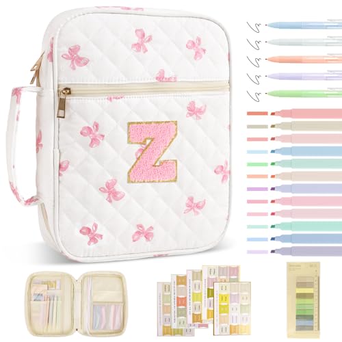 Personalized Initial Bible Cover Case for Women Girls Kid - Large Quilted Bible Case with Handle,Chenille Letter Bag Study Supplies,Christmas Gifts for Christians Birthday Graduation(Pink Bow-Z) - color: Pink Bow, size: letter-Z