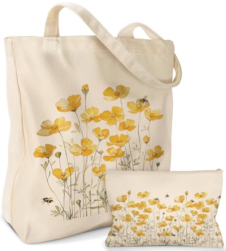 Miss Adola Aesthetic 2 Pack Canvas Tote Bag - with Makeup Zipper Pouch for Women Bag for Shopping, Gym, Travel, Vacation - color: Daisy