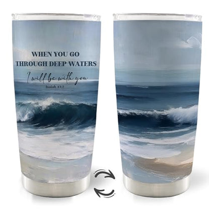 Christian Coastal Beach 20oz Travel Coffee Mug Tumbler, Gifts for Beach Lovers, Bible Verse Ocean Waves Seascape Religious Stainless Steel Tumbler with Lid and Straw - color: Deepwater