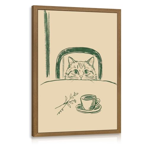 OPFDE Wood Framed Funny Coffee Cat Wall Art, Minimalist Cat Kitchen Poster Print, Mid Century Modern Animal Wall Decor, Cozy Coffee Bar Artwork for Dining Room Office Breakfast Nook 16x24 Inch - color: Cat, size: 24"L x 16"W