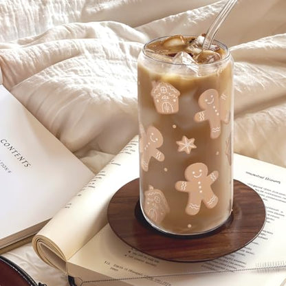 SANDJEST Gingerbread Christmas 16oz Can Glass Tumbler with Bamboo Lid & Straw - Iced Coffee Cup for Women Girls, Aesthetic Cups Gifts for Xmas - color: Christmas 2