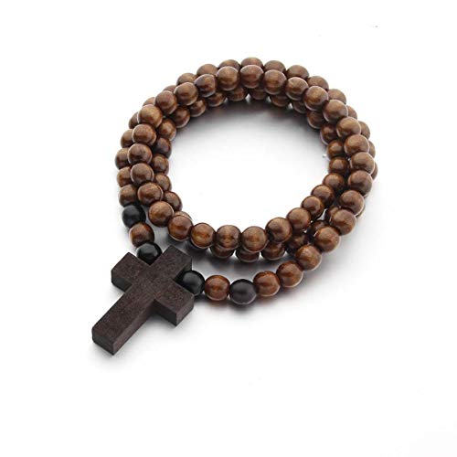 COLORFUL BLING Classic Natural Wood Beads Cross Pendant Necklace for Men Women Religious Rosary Jewelry Handmade Prayer Accessories - color: dark