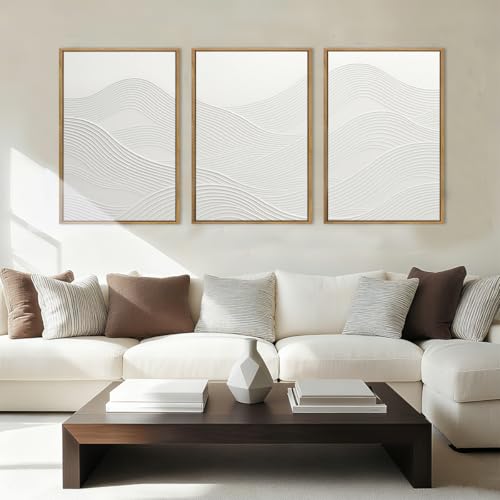 Anyzal Large White Textured Framed Wall Art 16x24 Inch Neutral Abstract Modern Canvas Wall Decor Gray Minimalist Ocean Waves Artwork for Living Room Bedroom Office Set of 3 - color: White and grey, size: 24"L x 16"W