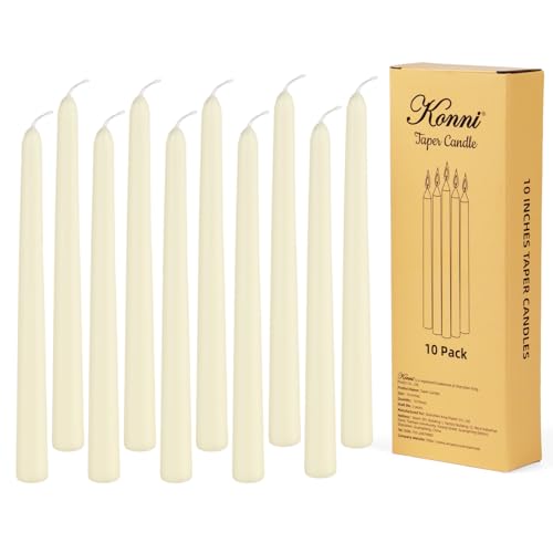 KONNI 0.87×10 Inch Ivory Taper Candles, Unscented and Smokeless Tall Candlesticks, 10 Pack Tapered Candles with Cotton Wicks, Long Burning, Ideal for Weddings, Dinner Parties, and Home Décor - color: Ivory