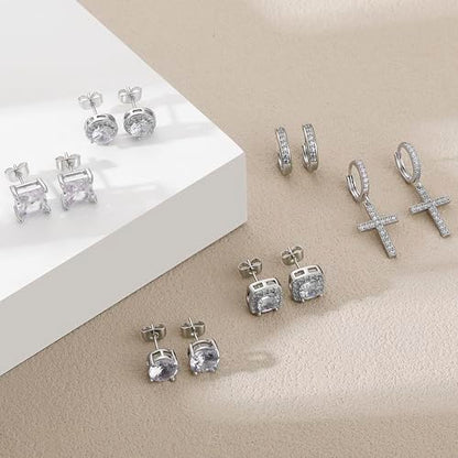 6 Pairs 14K Gold Plated Earrings Set for Women Men Hypoallergenic Cubic Zirconia Stud Hoop Dangle Cross Earrings - color: Silver