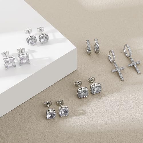 6 Pairs 14K Gold Plated Earrings Set for Women Men Hypoallergenic Cubic Zirconia Stud Hoop Dangle Cross Earrings - color: Silver